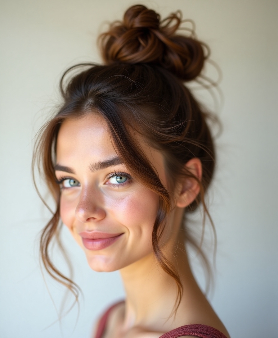 Messy bun with bangs