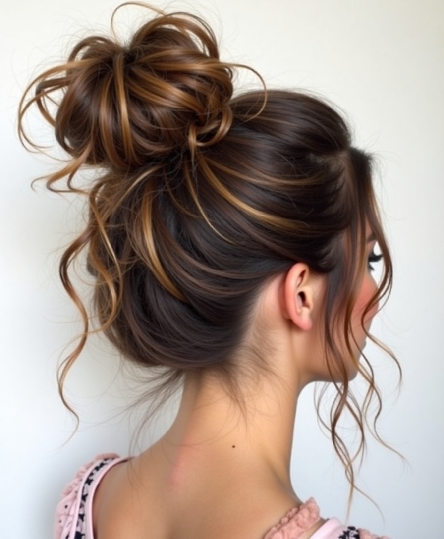Curled ponytail messy bun