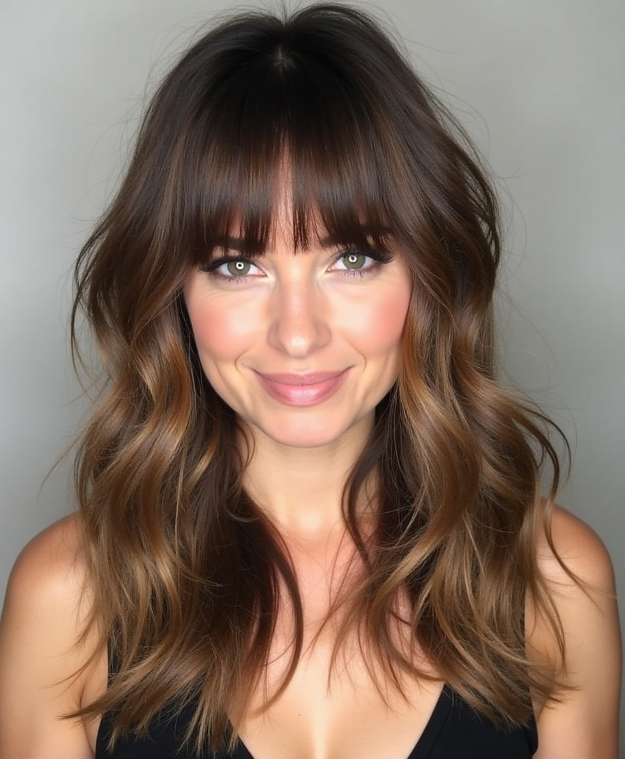 Curtain bangs and long layers framing a round face