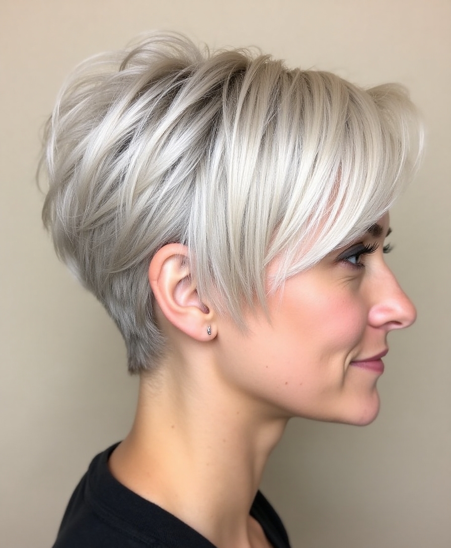 Asymmetrical short cut with textured layers and uneven lengths