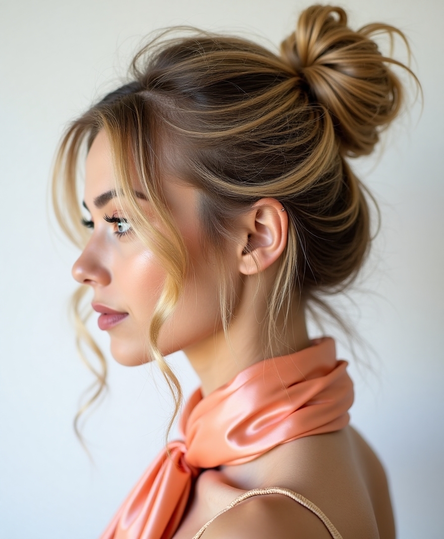 Low messy bun with a scarf