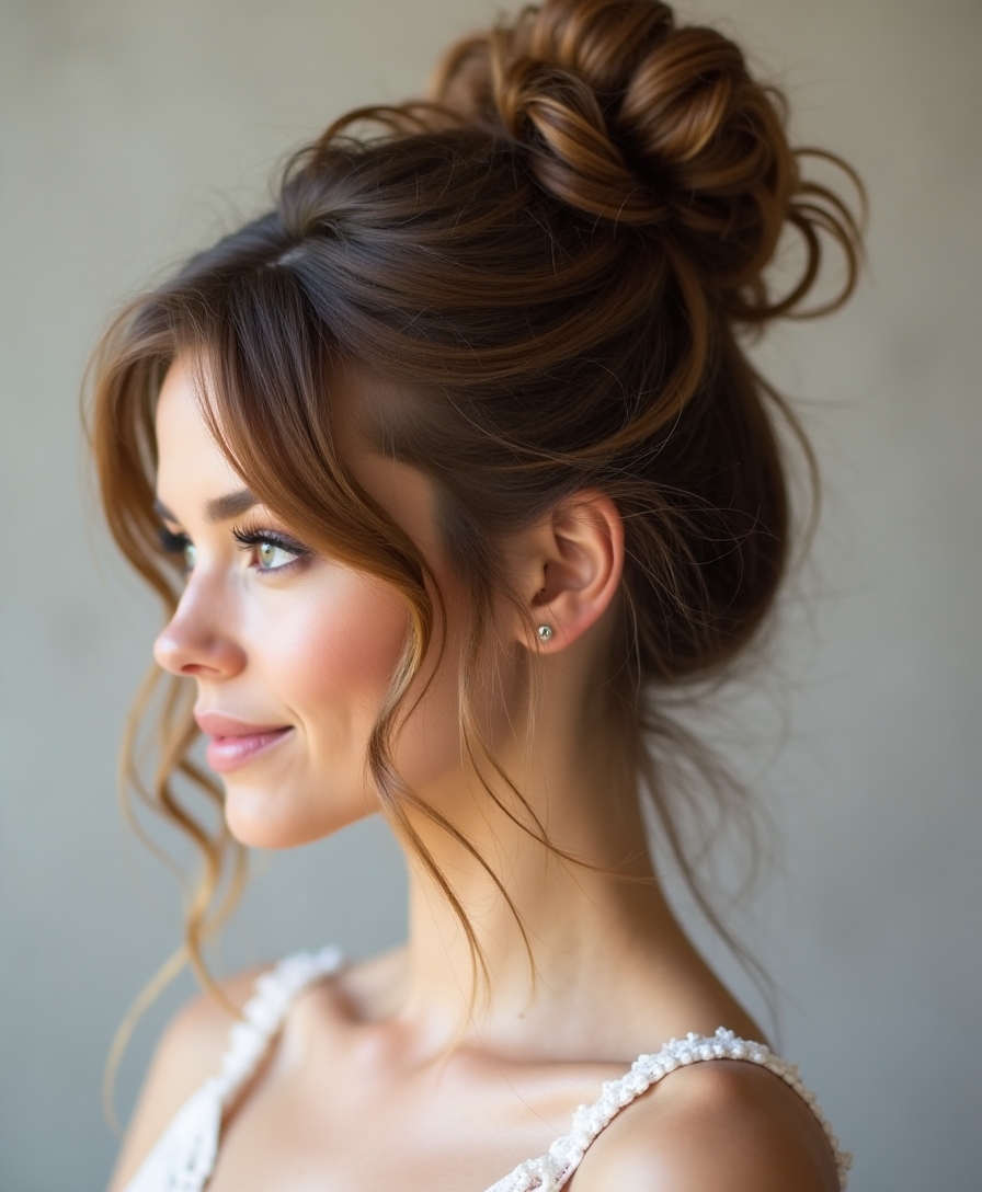 Messy bun with loose tendrils