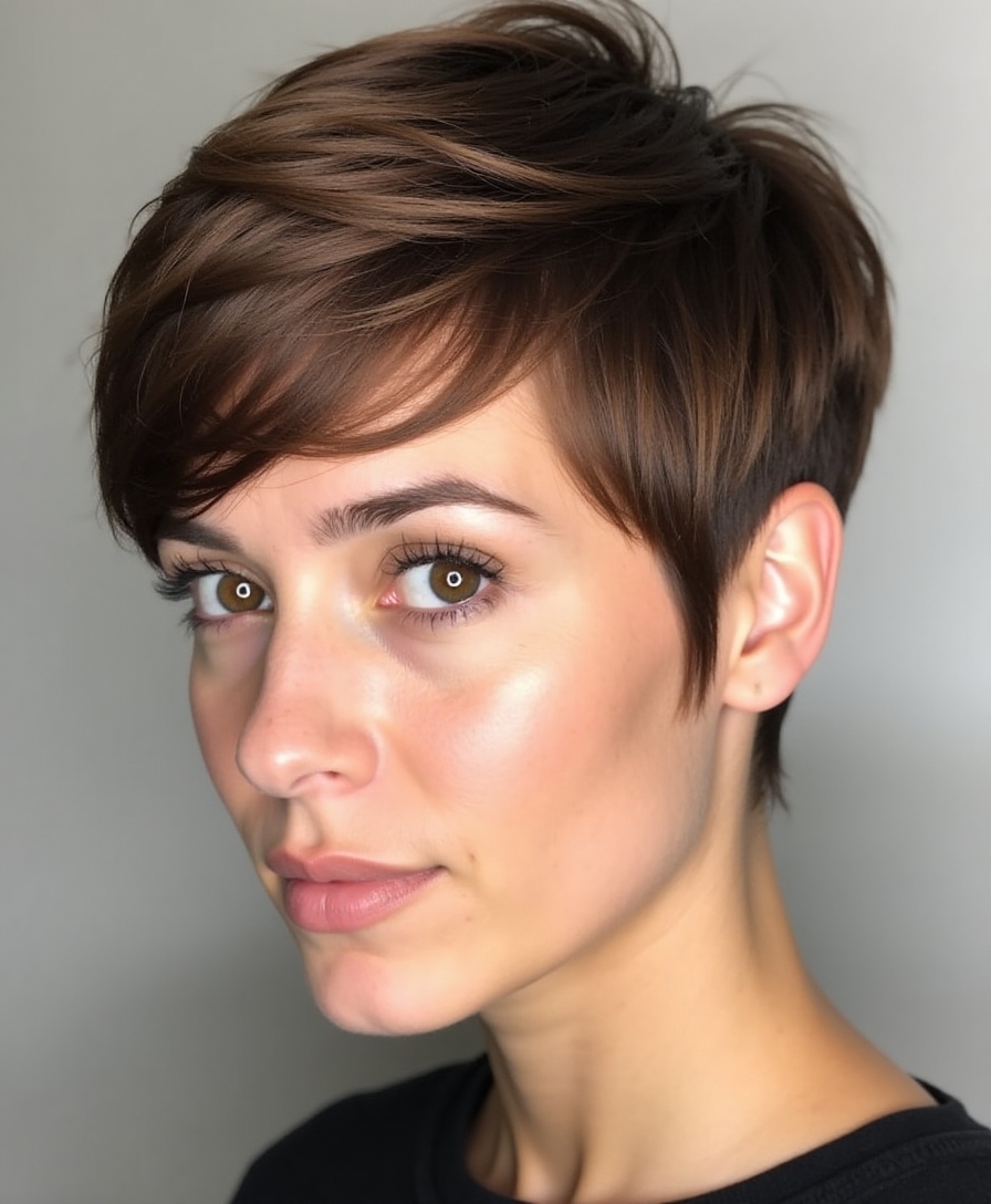 A face-framing pixie cut with height on top