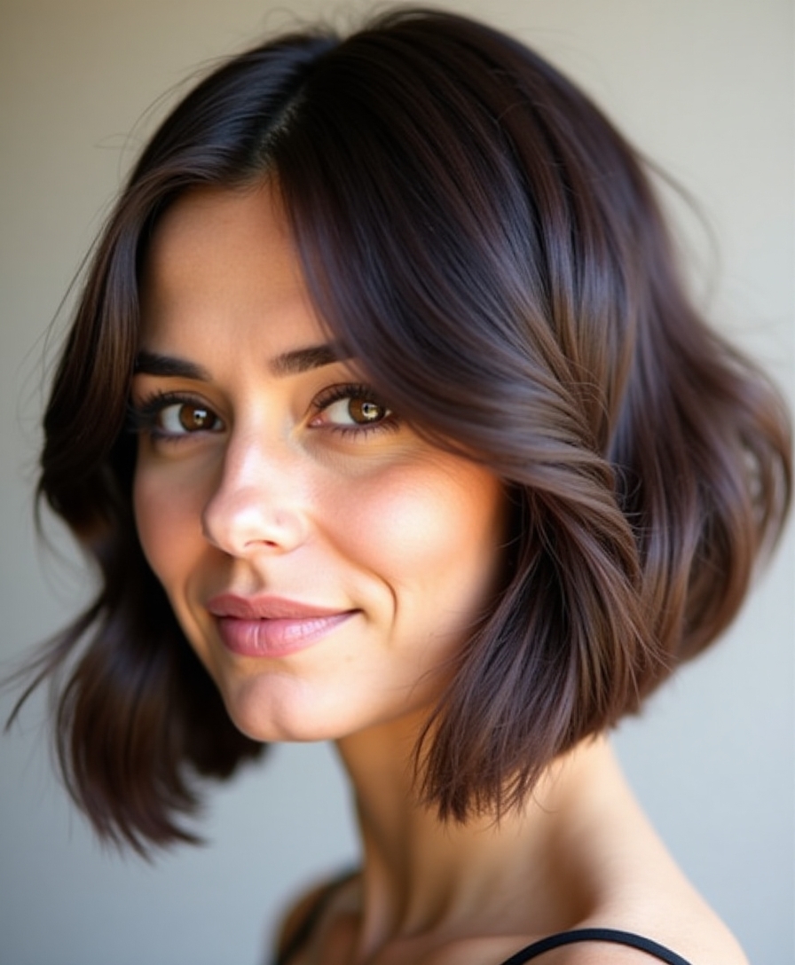 An A-line bob with lift at the crown for a round face