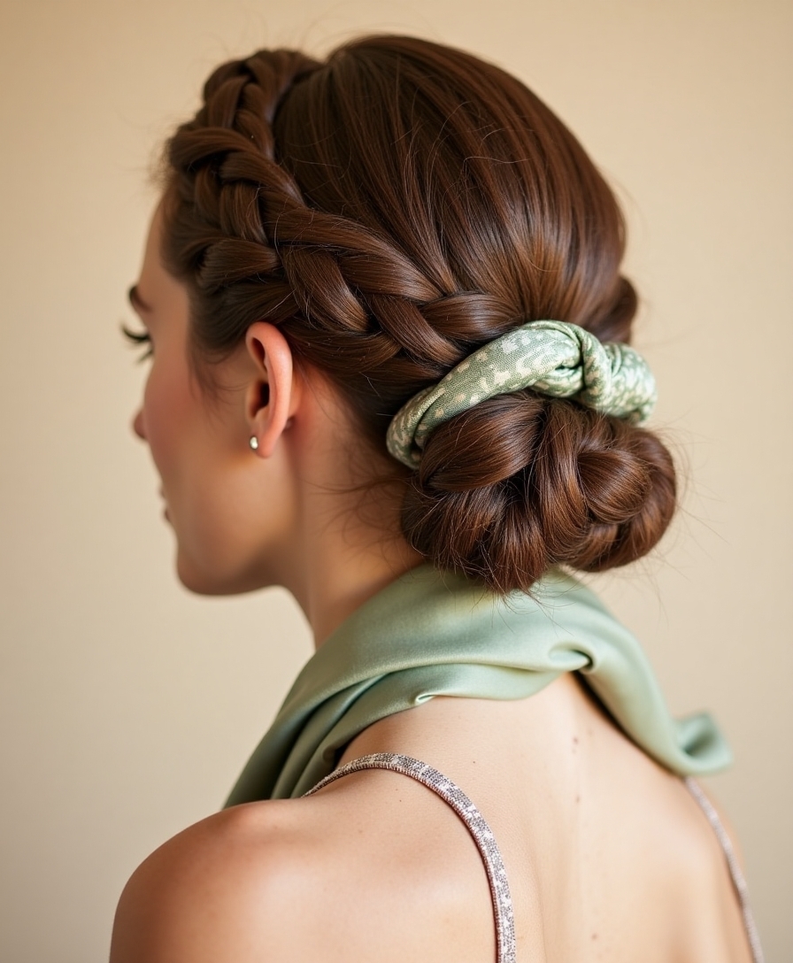 A French braid with a scarf woven through