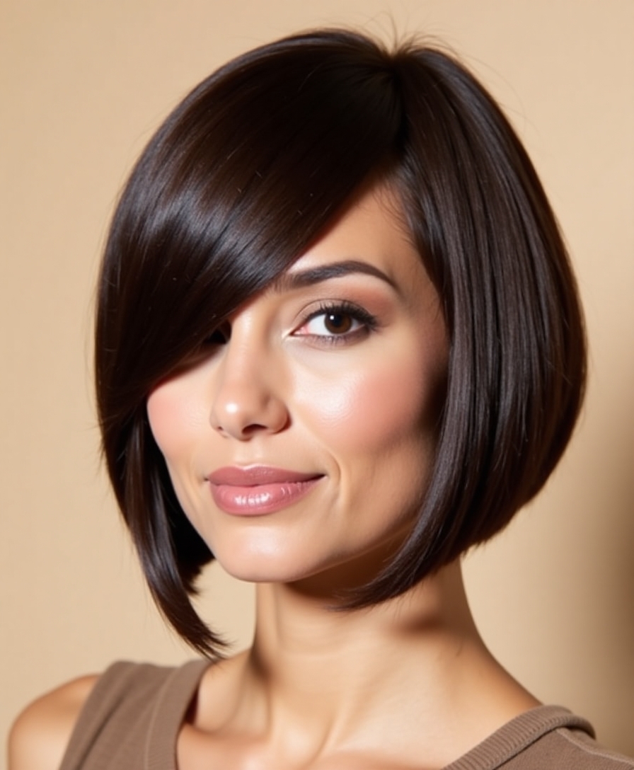 A graduated bob with side-swept bangs for a round face