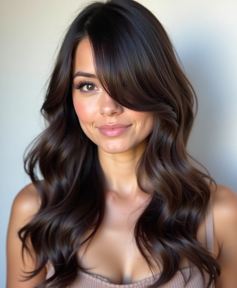Long layers and side-swept bangs framing a round face