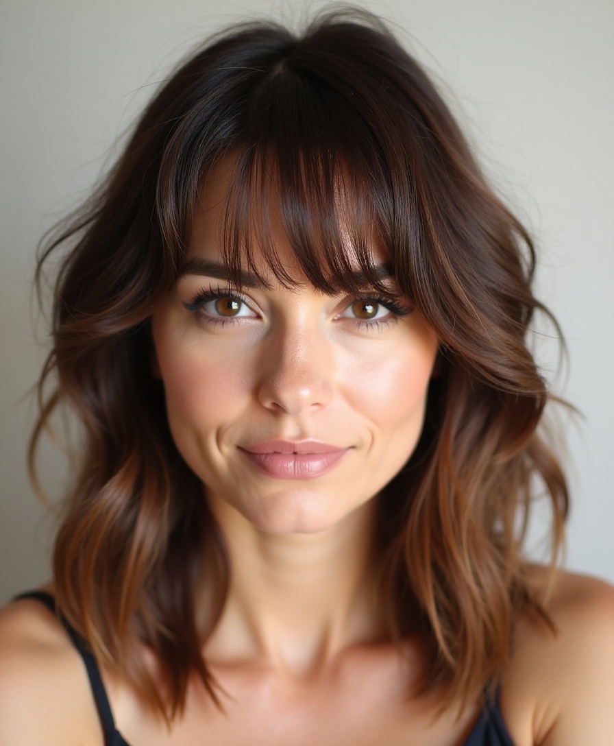 Wispy bangs and feathered layers softening a round face