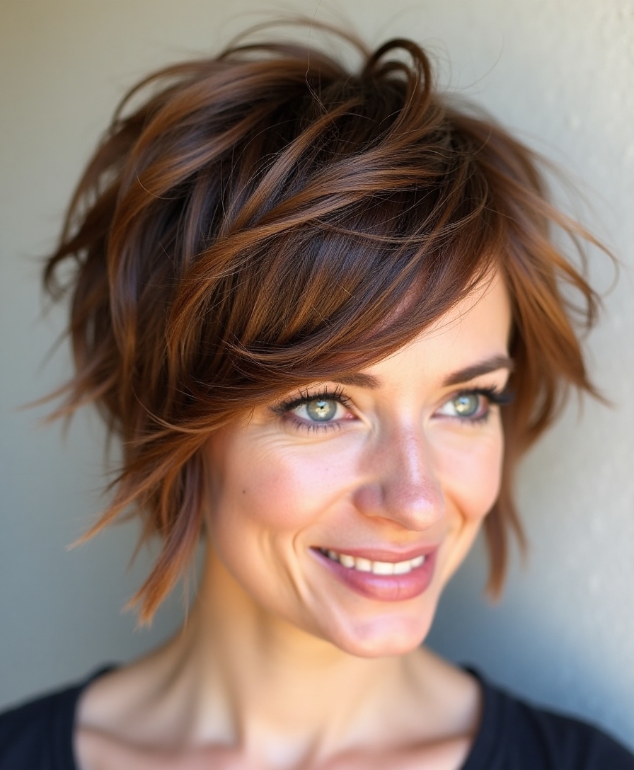 A textured crop with a side-swept front for a round face