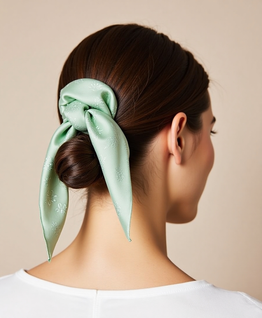 A top knot with a scarf accent