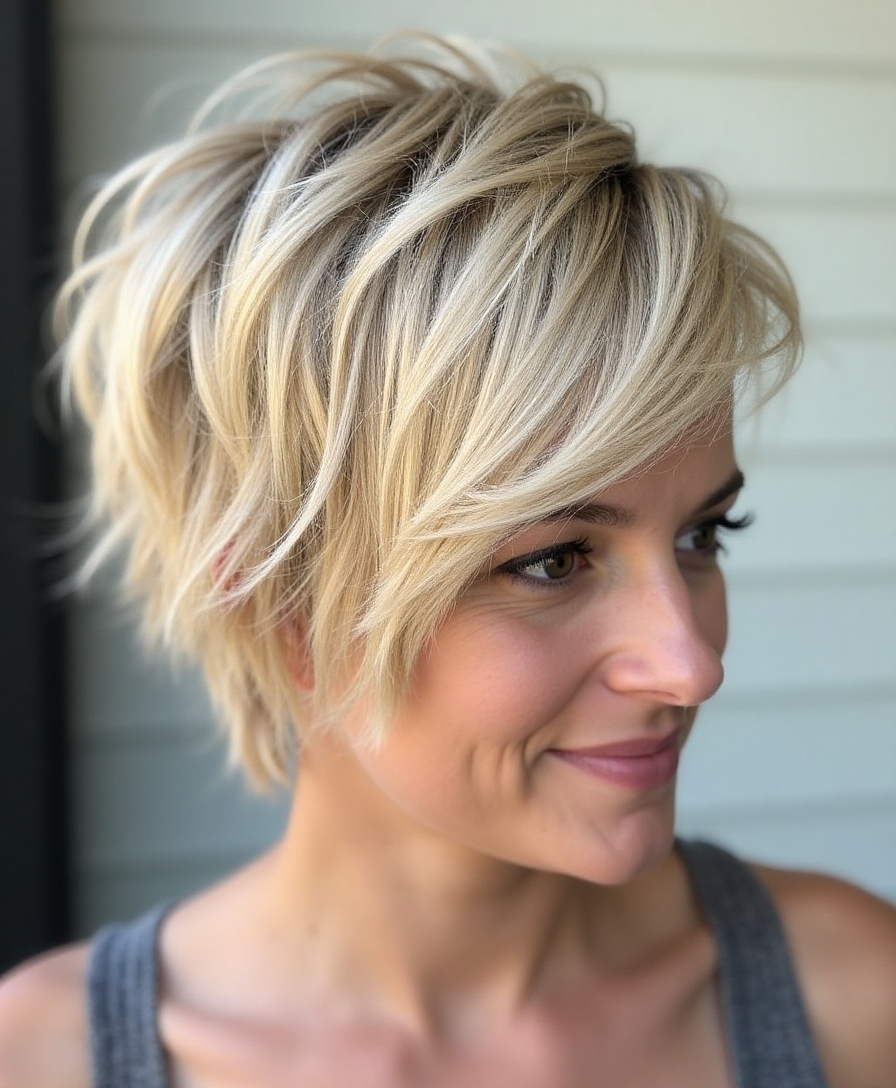 Textured pixie haircut with a feathered lifted crown