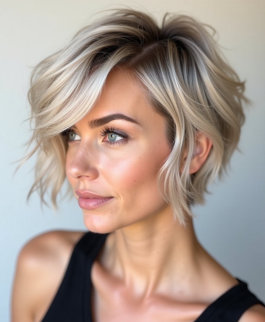 Side-swept short layers adding fullness to fine hair