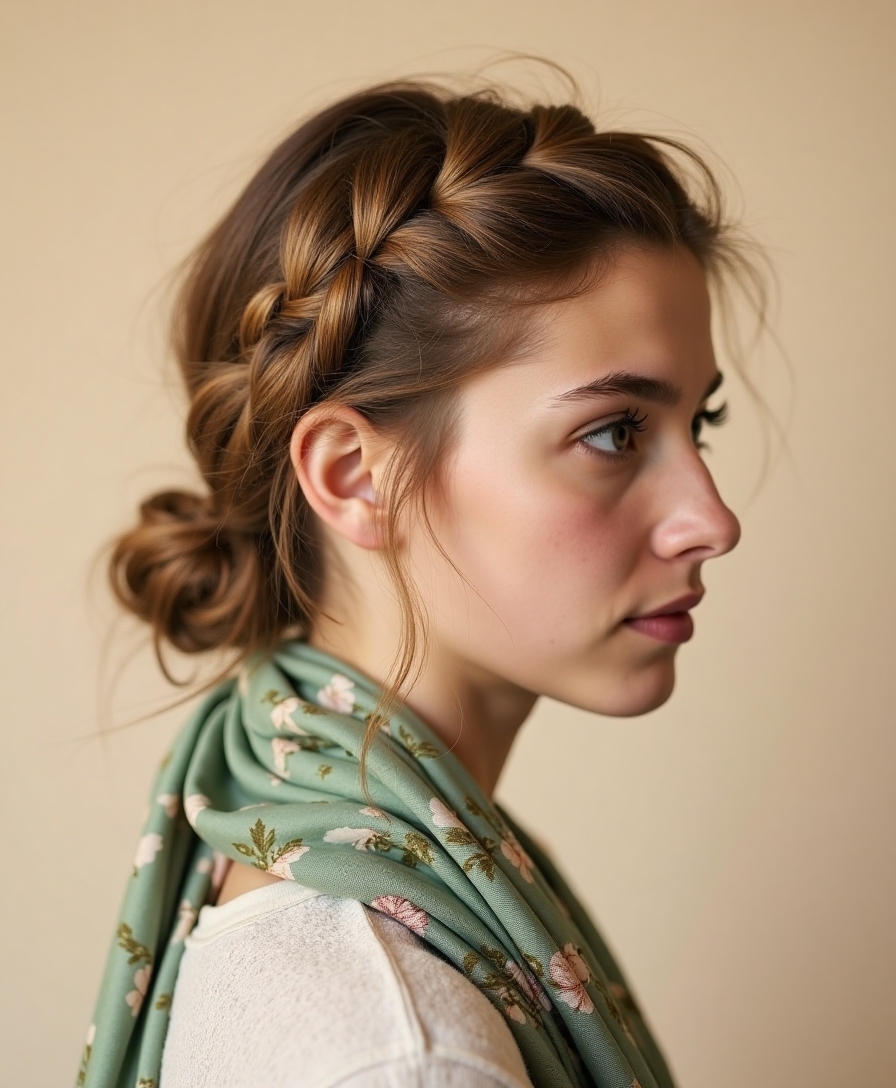 A boho crown braid with a scarf