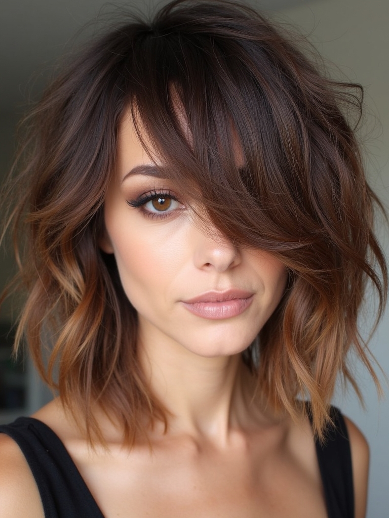 Angled shag bob with side-swept bangs