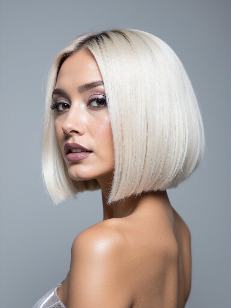 A glossy, center-parted glass bob