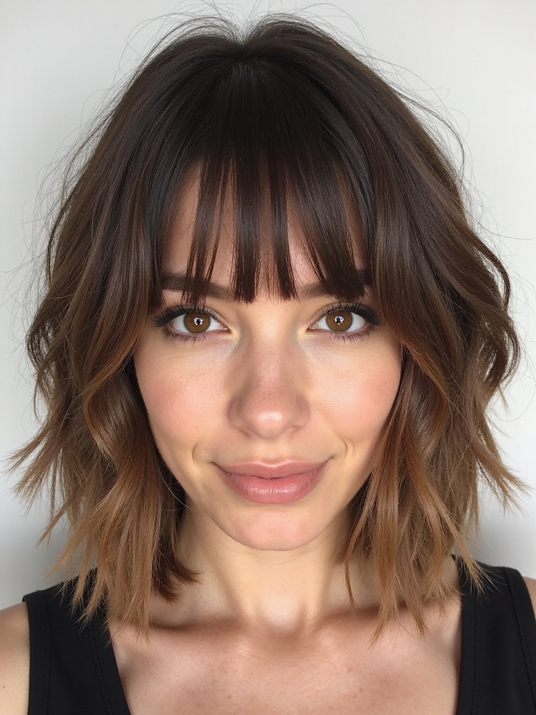 Blunt shaggy bob with a full fringe