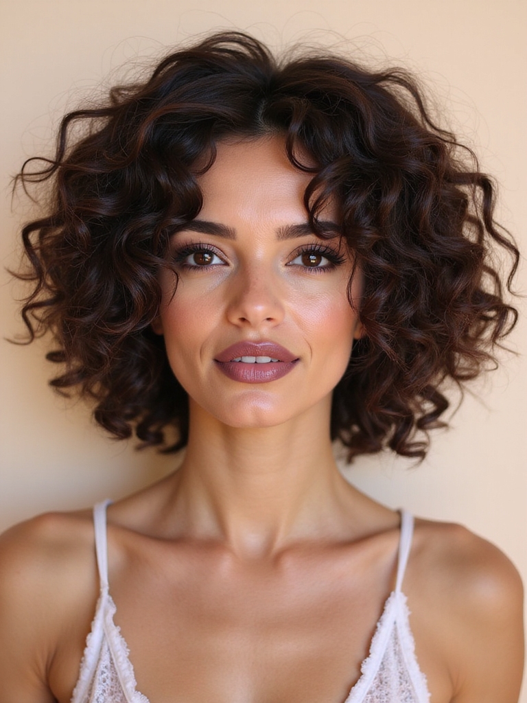 Cheekbone-skimming curly shag bob
