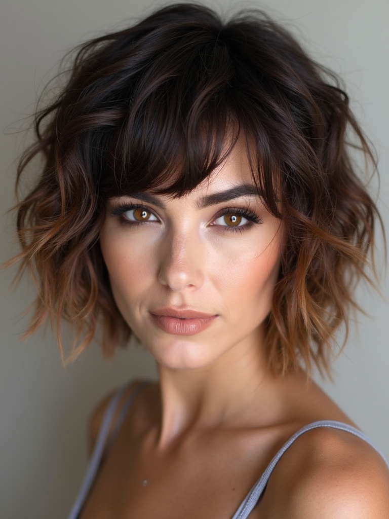 Choppy textured chin-length wolf cut bob