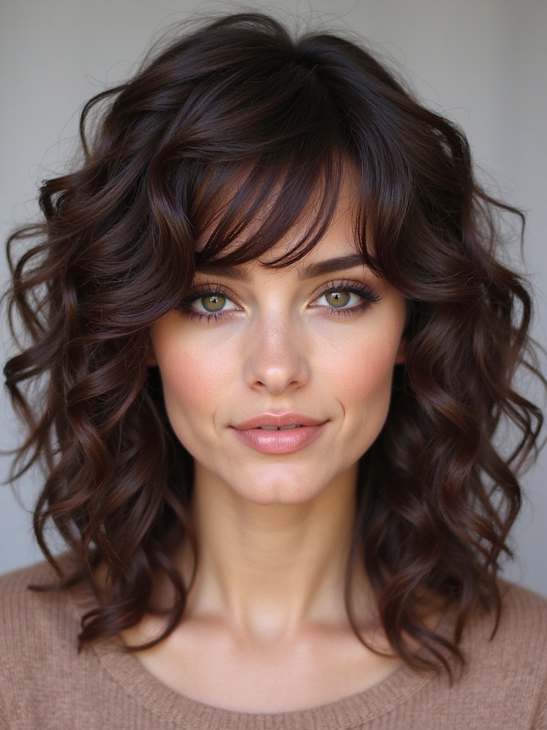 curly bob with curtain bangs