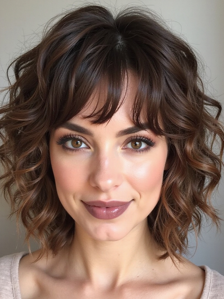 Curly shag bob with micro bangs