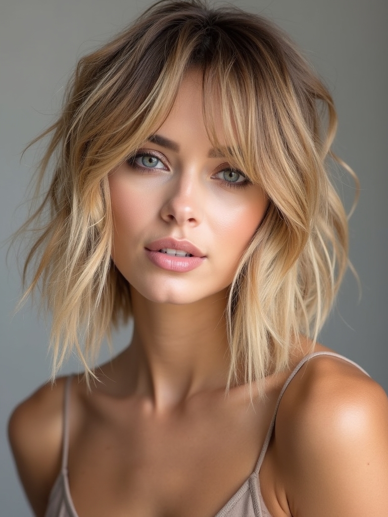 Long shag with curtain bangs and layers