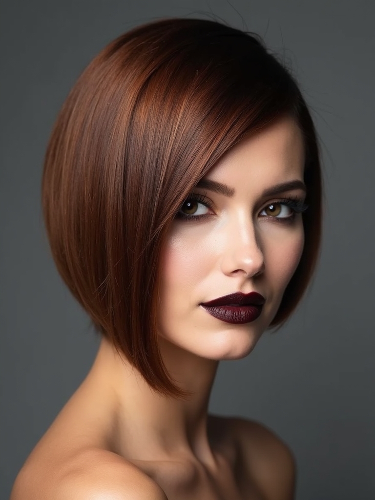 A deep side-parted, sleek 90s bob