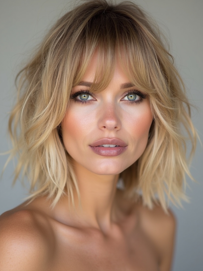 Short shag with feathered center-part curtain bangs and piecey layers