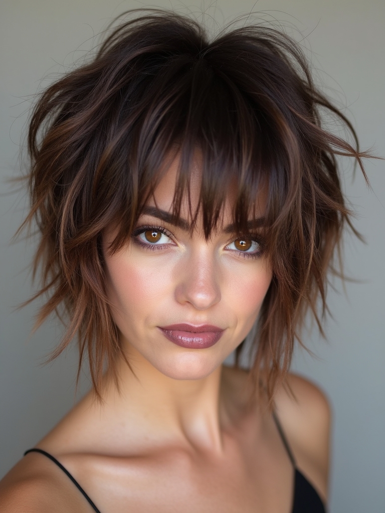 Feathery micro bangs on a shag bob