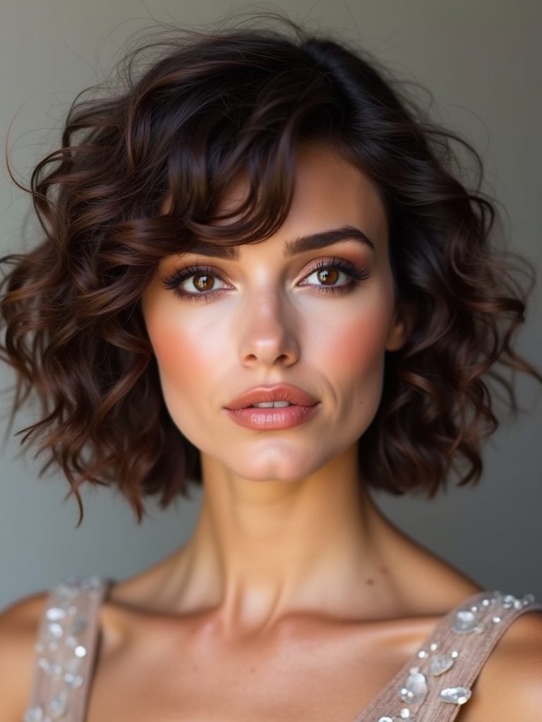 micro bangs curly layered shag