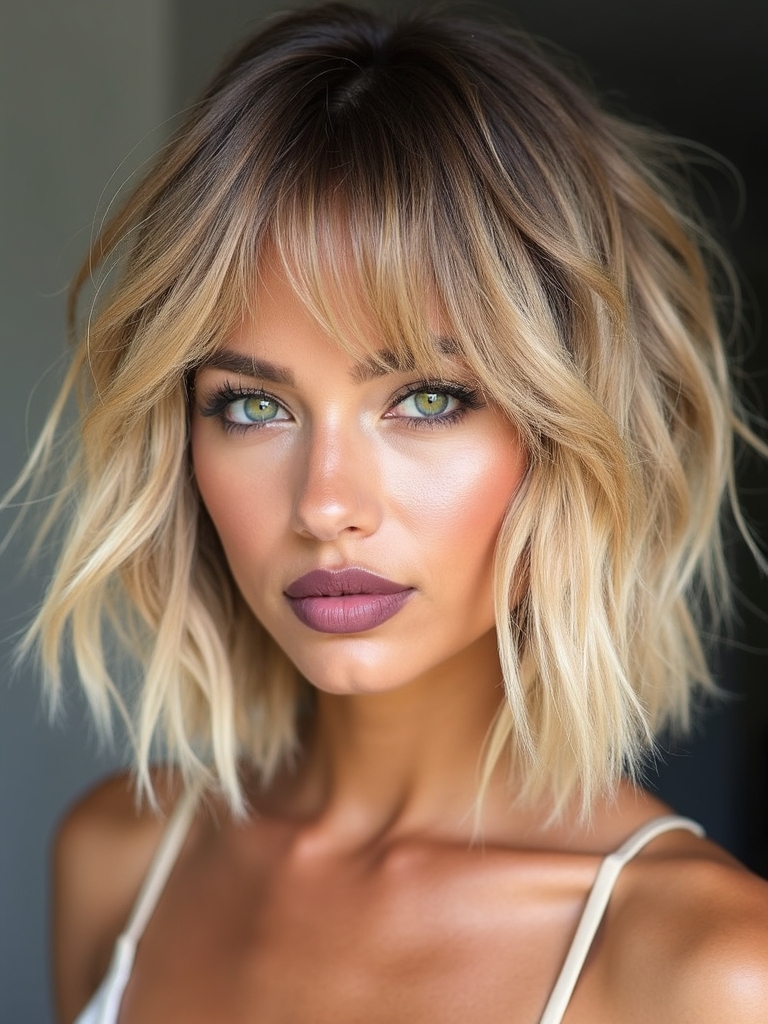 Medium shaggy bob with piecey bangs