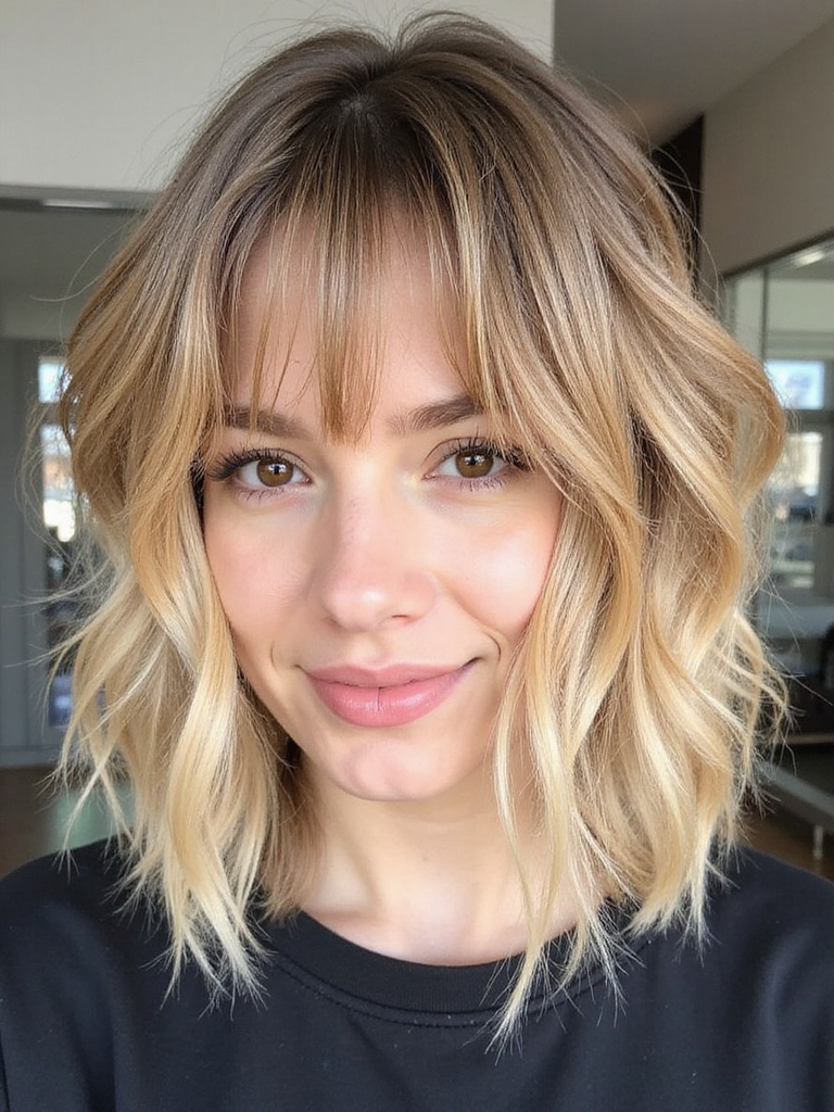 Piecey wavy shag bob with a soft bang