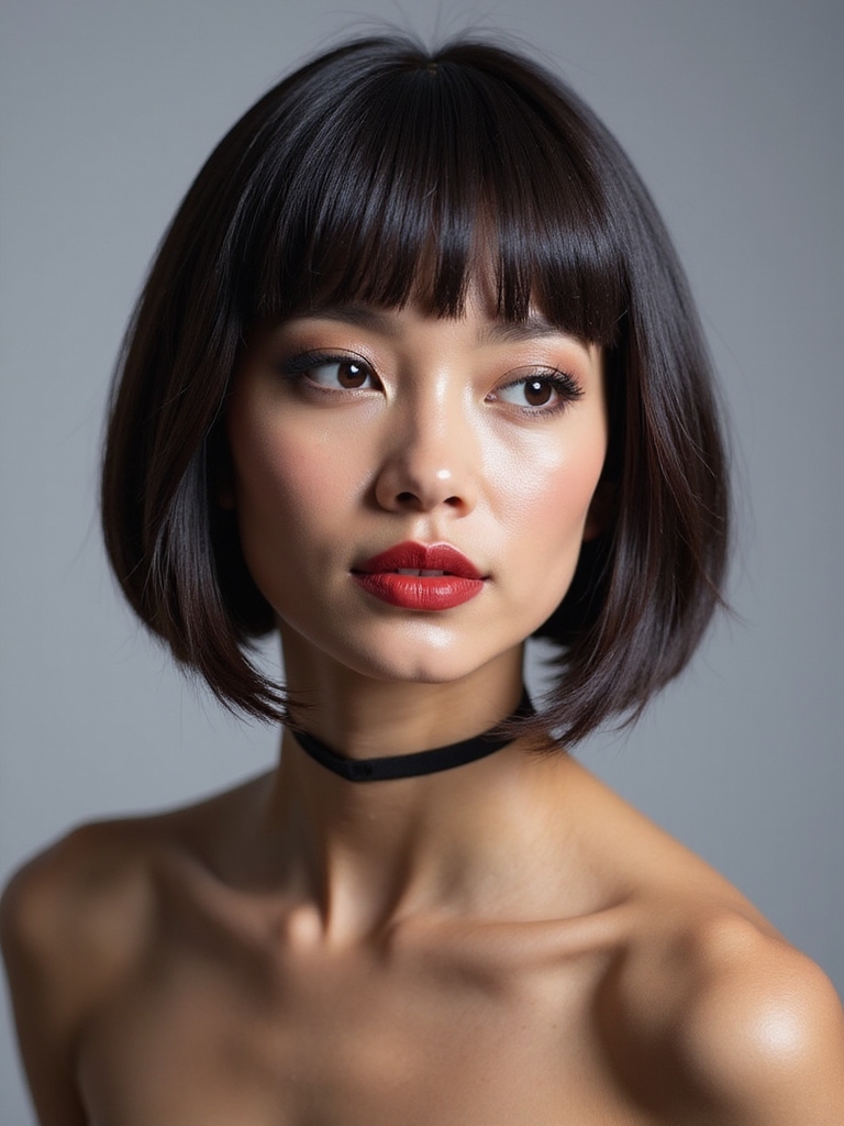 Razor-sharp glossy chin-length bob