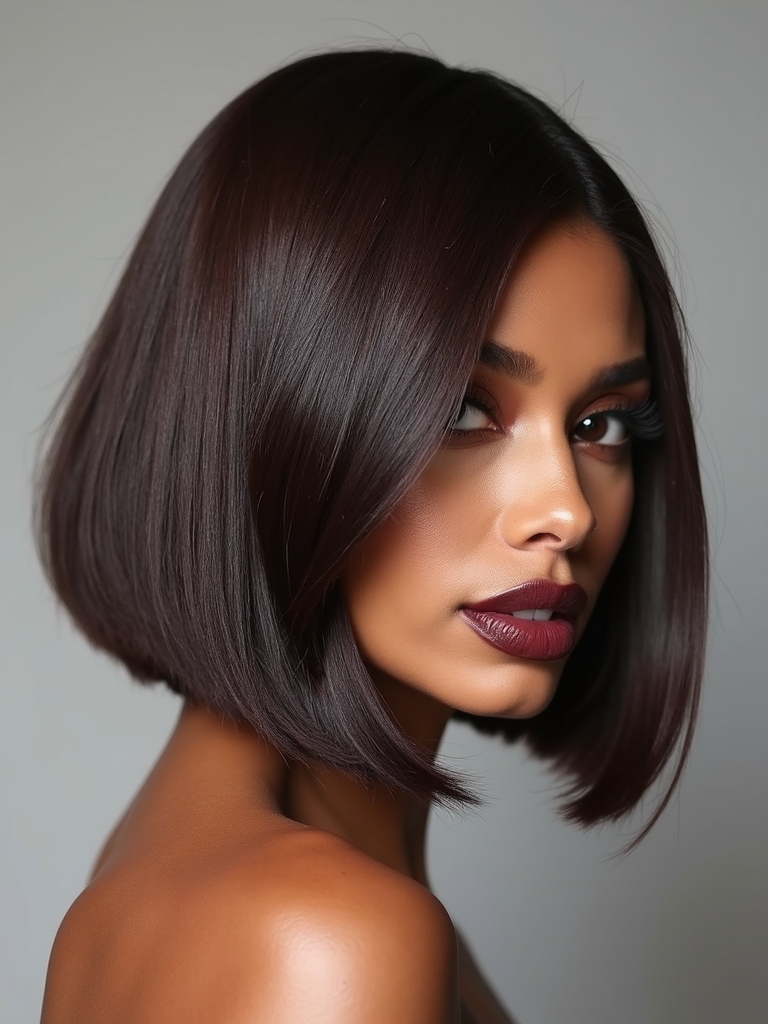 Sharp asymmetrical side-skimmed bob