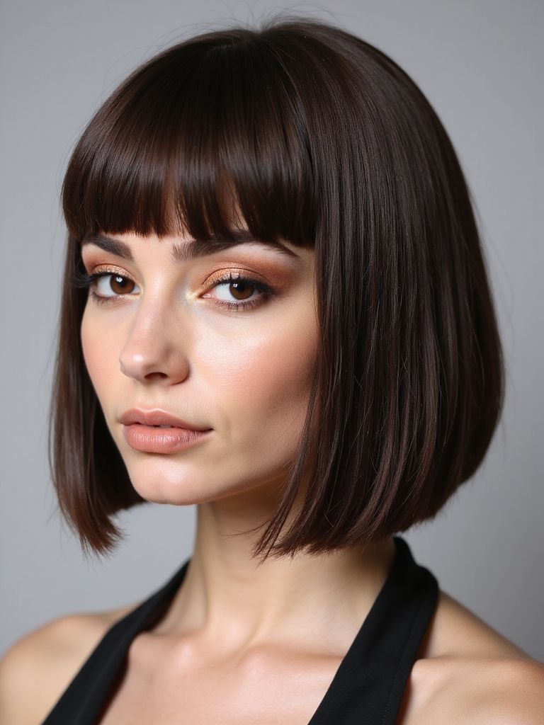 Sleek lob with microbangs