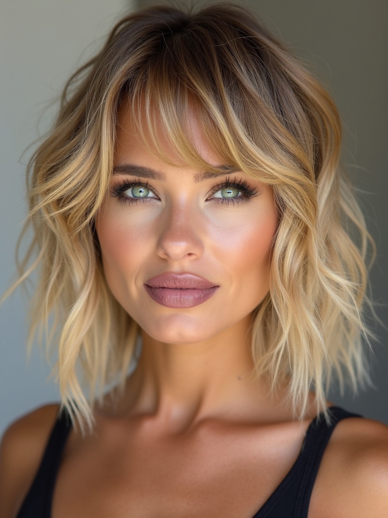 Short soft layered shag with curtain bangs