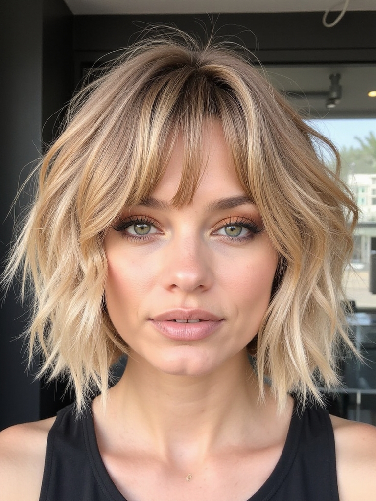 Soft tousled shaggy bob with curtain bangs