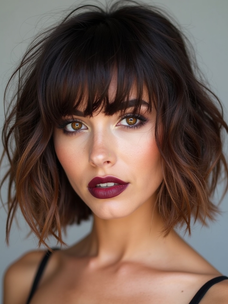 soft tousled wavy bob with piecey bangs