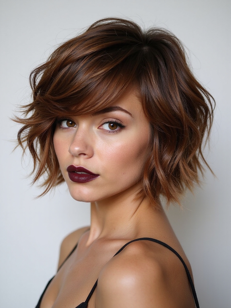 Tousled asymmetrical shaggy bob