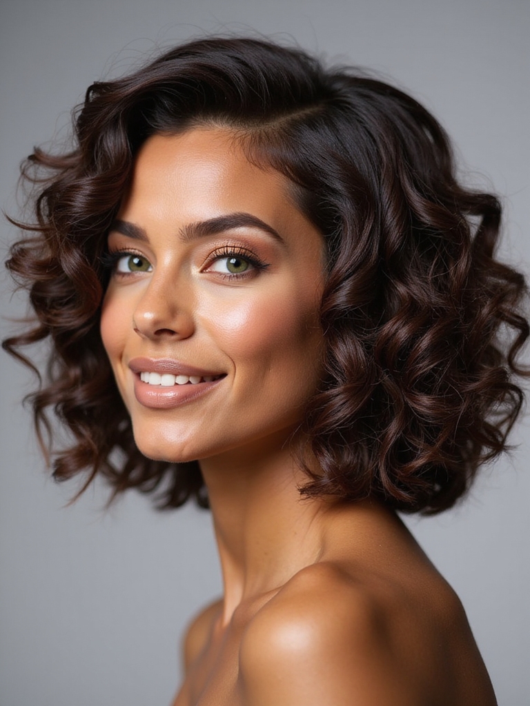 volumized stacked curly bob