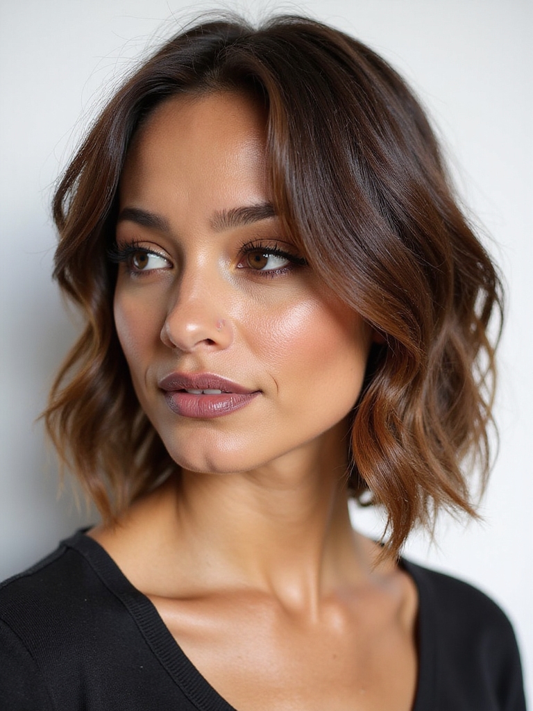 Wavy lob side-swept bangs