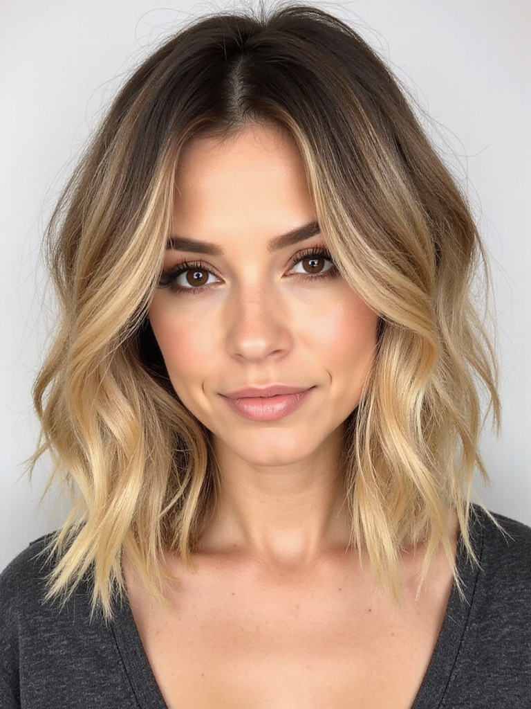Wavy lob with curtain bangs