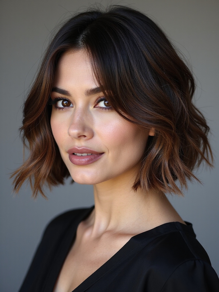 An A-line bob with swoopy side bangs and layers