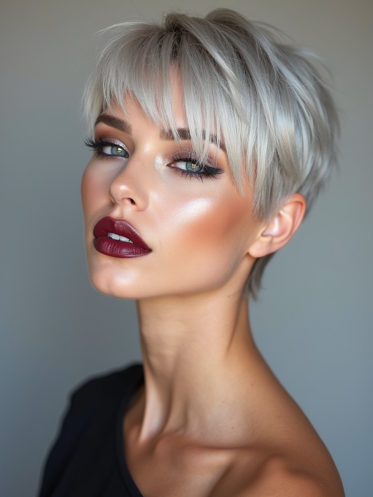 Wispy baby short curtain bangs on a pixie cut