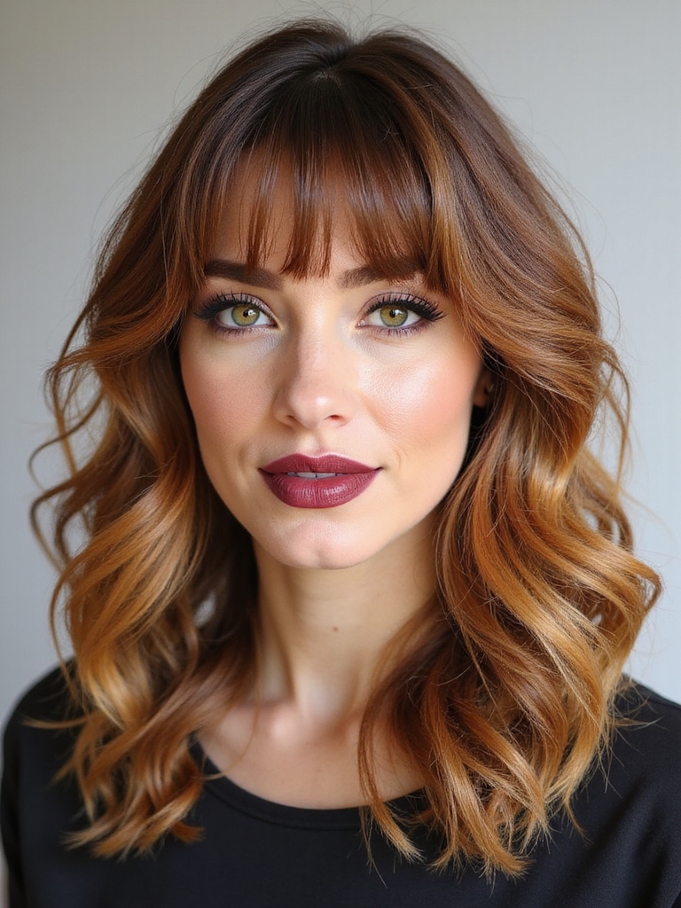 Curly wavy bangs round face