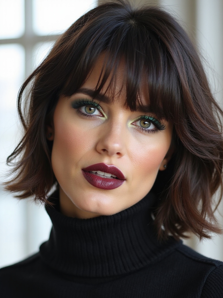 Wispy feathered mini bangs floating over the brows