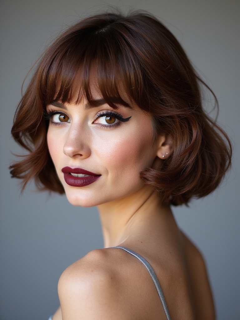 Side-swept short curtain bangs for round faces