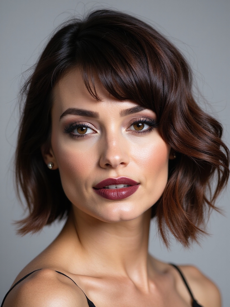 An angled bob paired with side-swept bangs