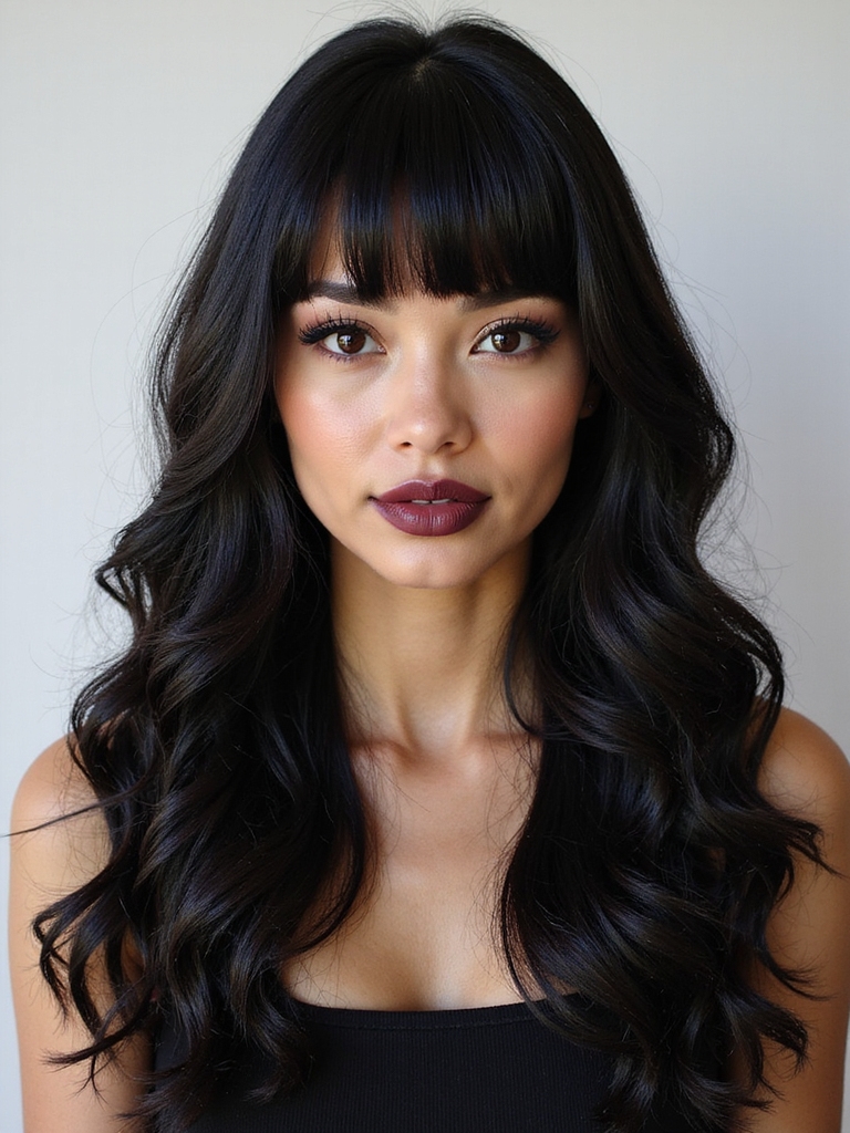 Asymmetrical baby bangs with long loose curls