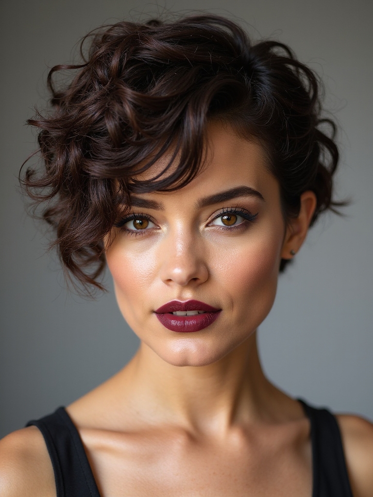 An asymmetrical curly pixie