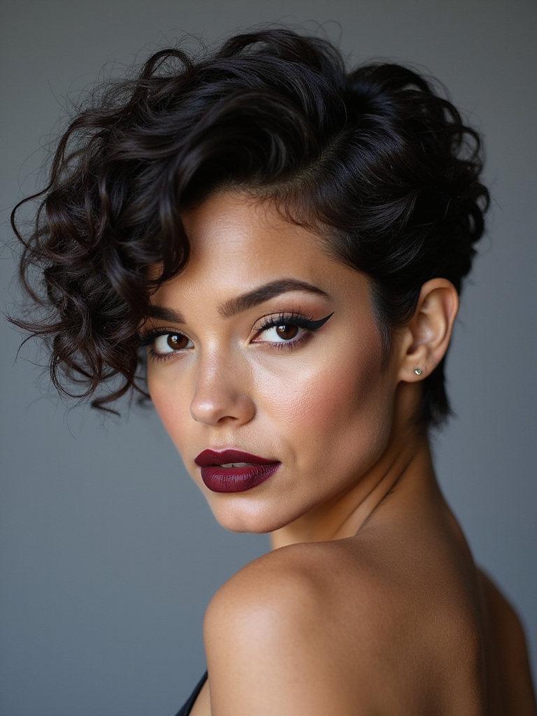 asymmetrical side swept curly pixie